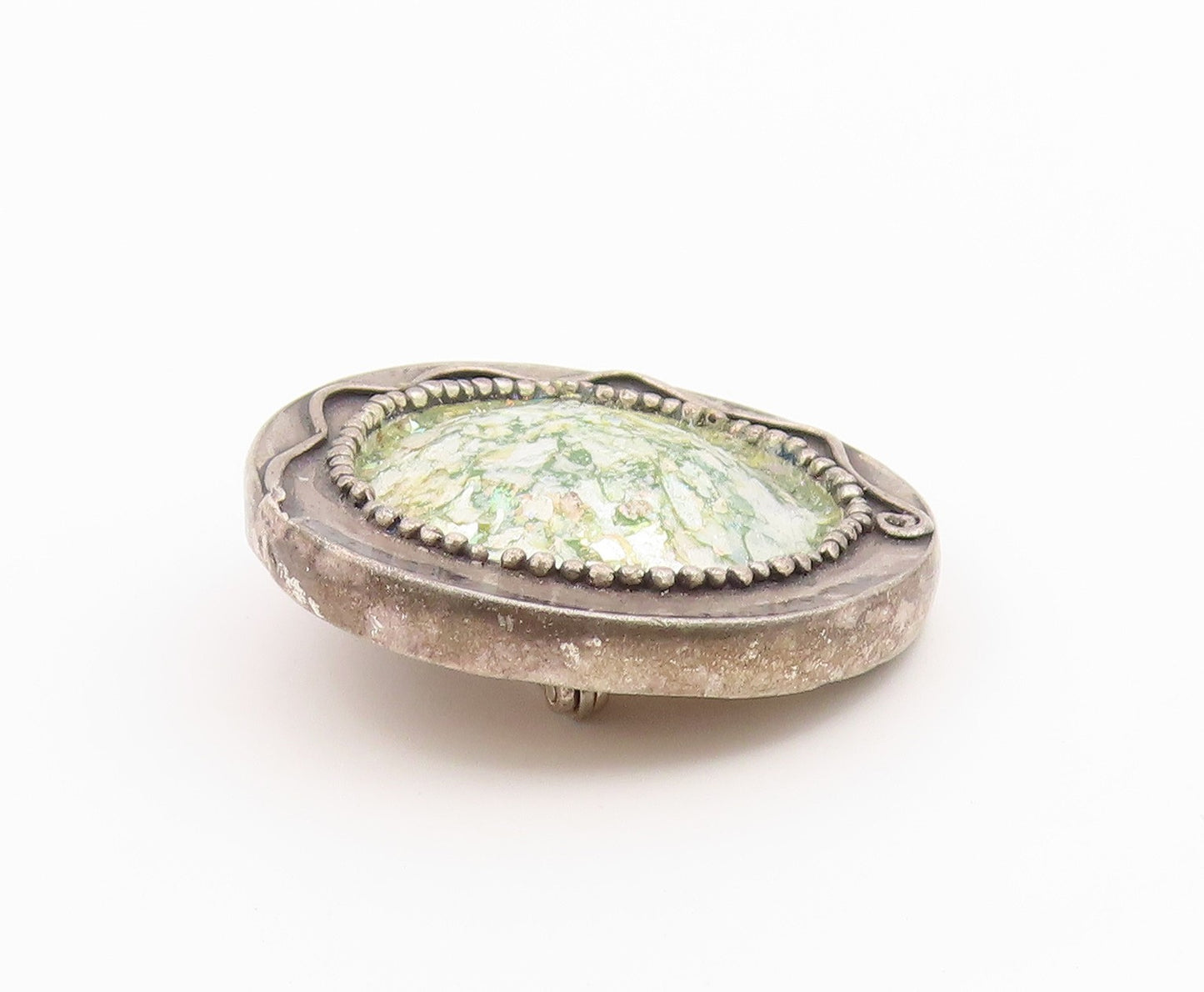 925 Sterling Silver Vintage Brooch Pin Roman Glass Geometric Circle  BP12585