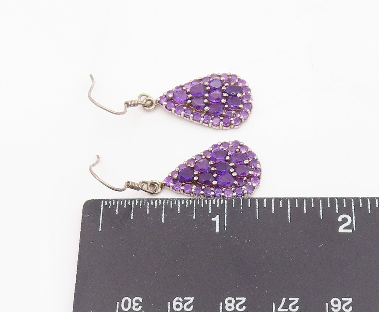 925 Sterling Silver Vintage Earrings Clustered Amethyst Teardrop Dangle  EG13834