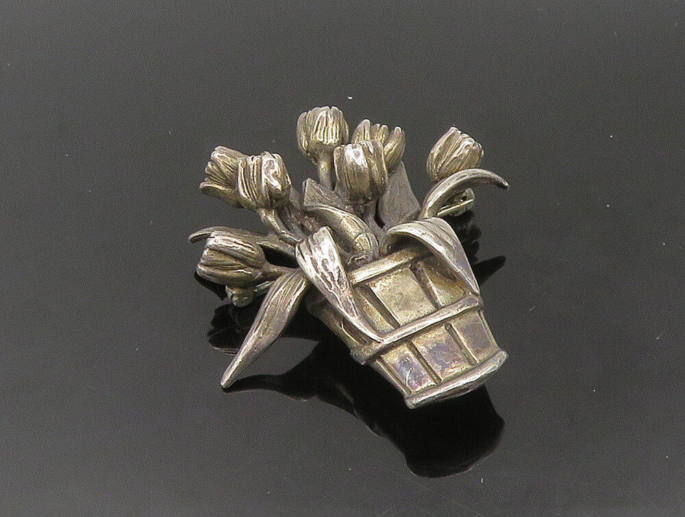 HAND & HAMMER 925 Sterling Silver Vintage Bouquet Of Flowers Brooch Pin BP9375