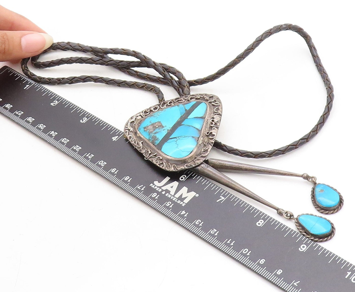 L. BURNSIDE NAVAJO 925 Silver  Vintage Turquoise Leather Rope Necklace  NE2243