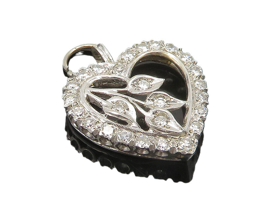 925 Sterling Silver  Cubic Zirconia Floral Leaves Love Heart Pendant  PT14659