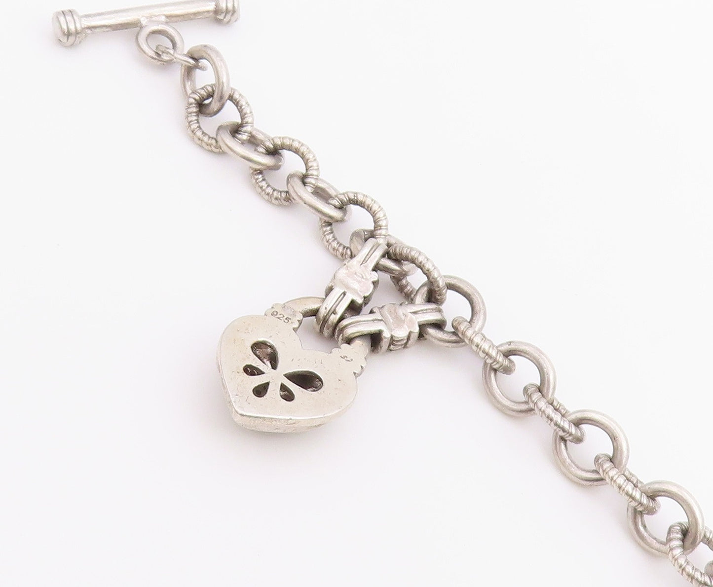 925 Sterling Silver Vintage Bracelet Real Diamonds Love Heart Toggle  BT12223