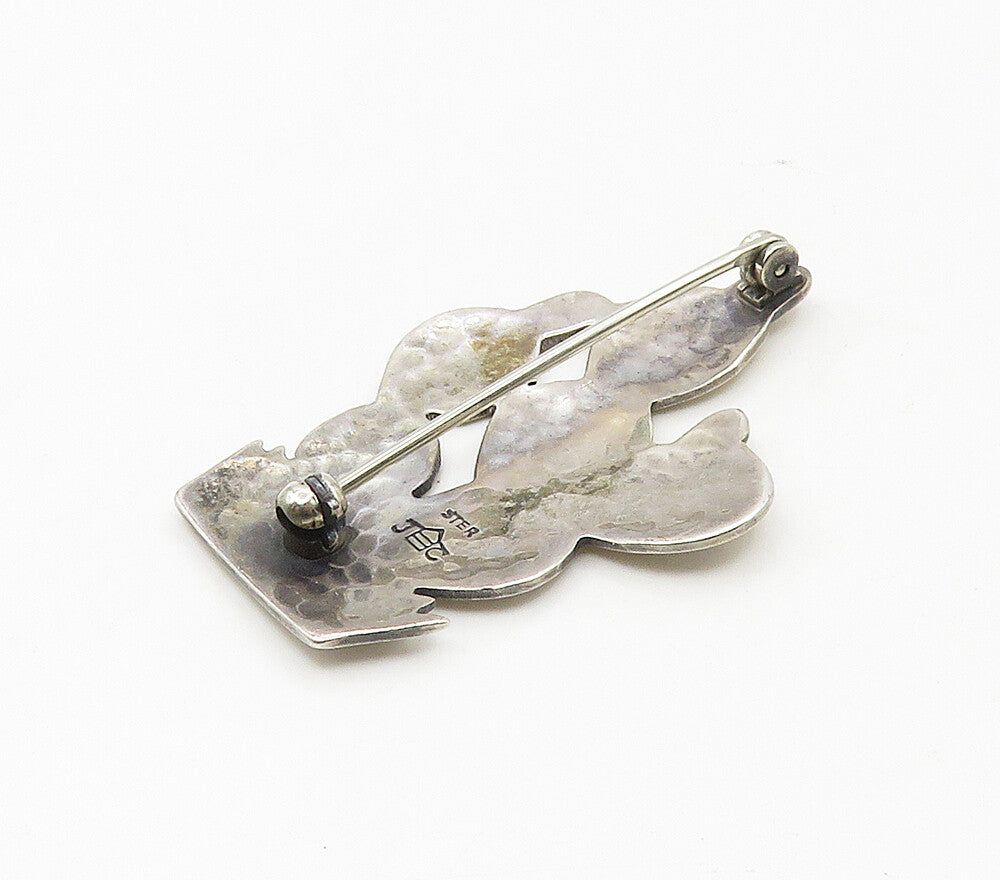 JC NAVAJO 925 Silver  Vintage Shiny Etched Cactus Scene Brooch Pin  BP6602