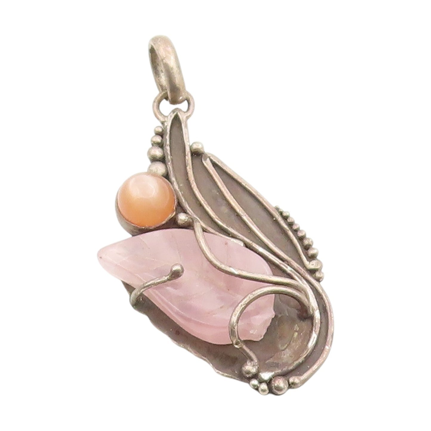 925 Sterling Silver Vintage Pendant LIZ RON Rose Quartz & Moonstone  PT25254