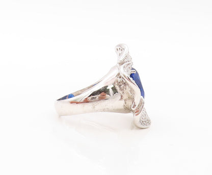 925 Sterling Silver Vintage Ring Cutout Sapphire & CZ Flower  Sz 7.5  RG30669