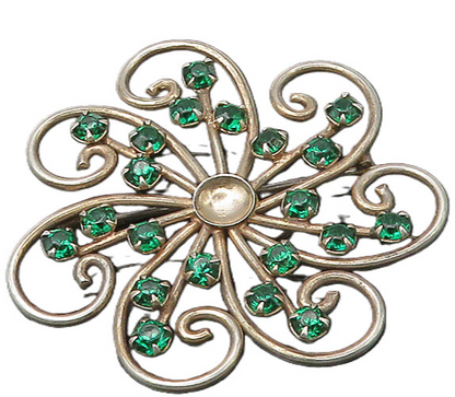925 Sterling Silver  Vintage Green Stone Swirl Flower Motif Brooch Pin  BP8796