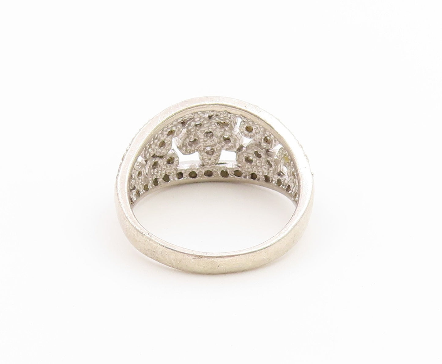 925 Sterling Silver Vintage Ring CZ Open Floral Statement Band  Sz 8  RG36885