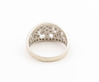 925 Sterling Silver Vintage Ring CZ Open Floral Statement Band  Sz 8  RG36885
