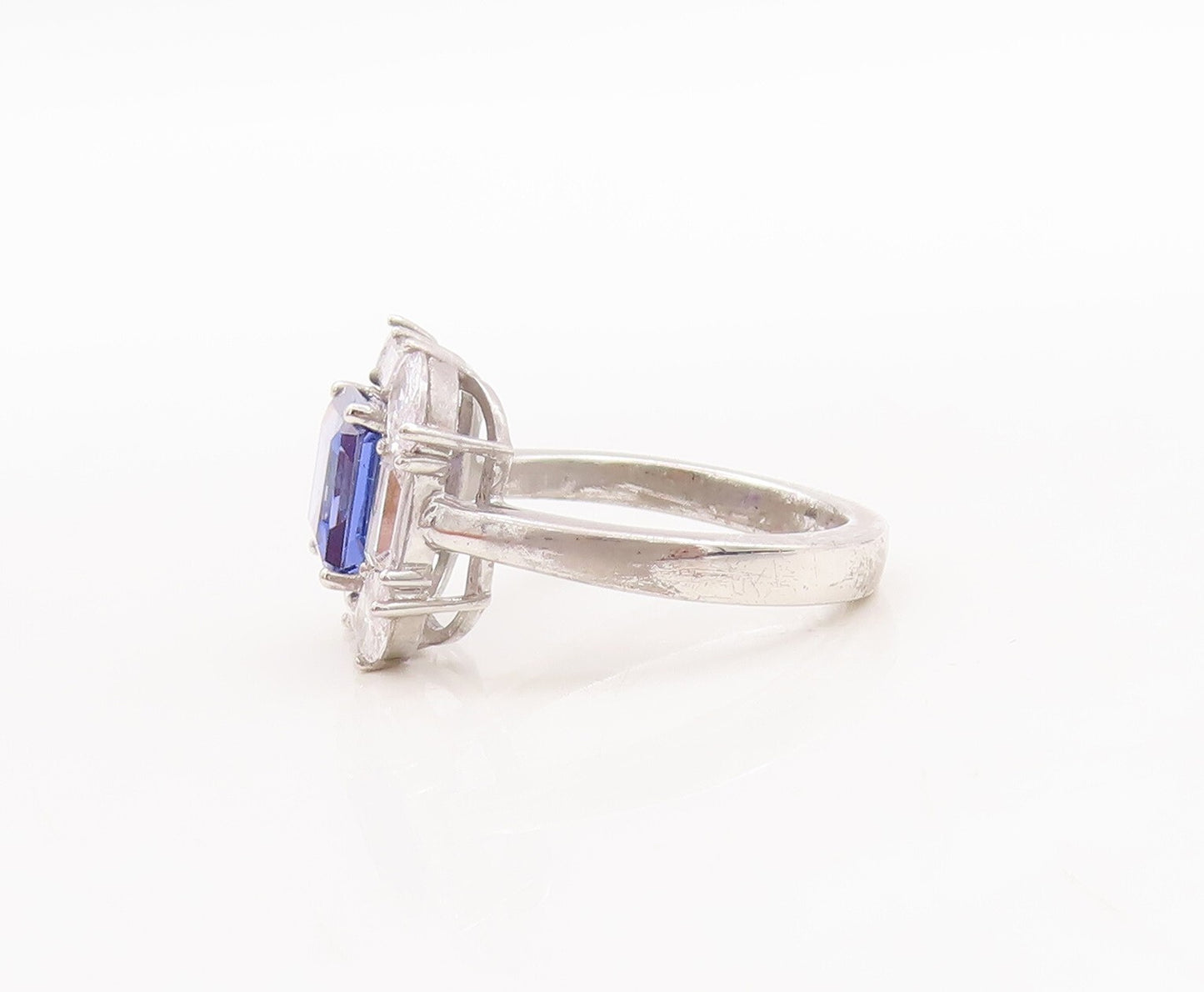 925 Sterling Silver Vintage Ring Square Cut Blue Halo White Topaz  Sz 7  RG29656