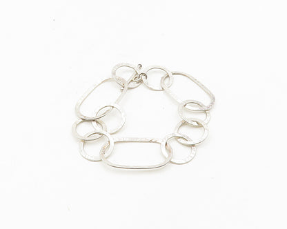 925 Sterling Silver  Vintage Shiny Textured Open Circle Chain Bracelet  BT7478