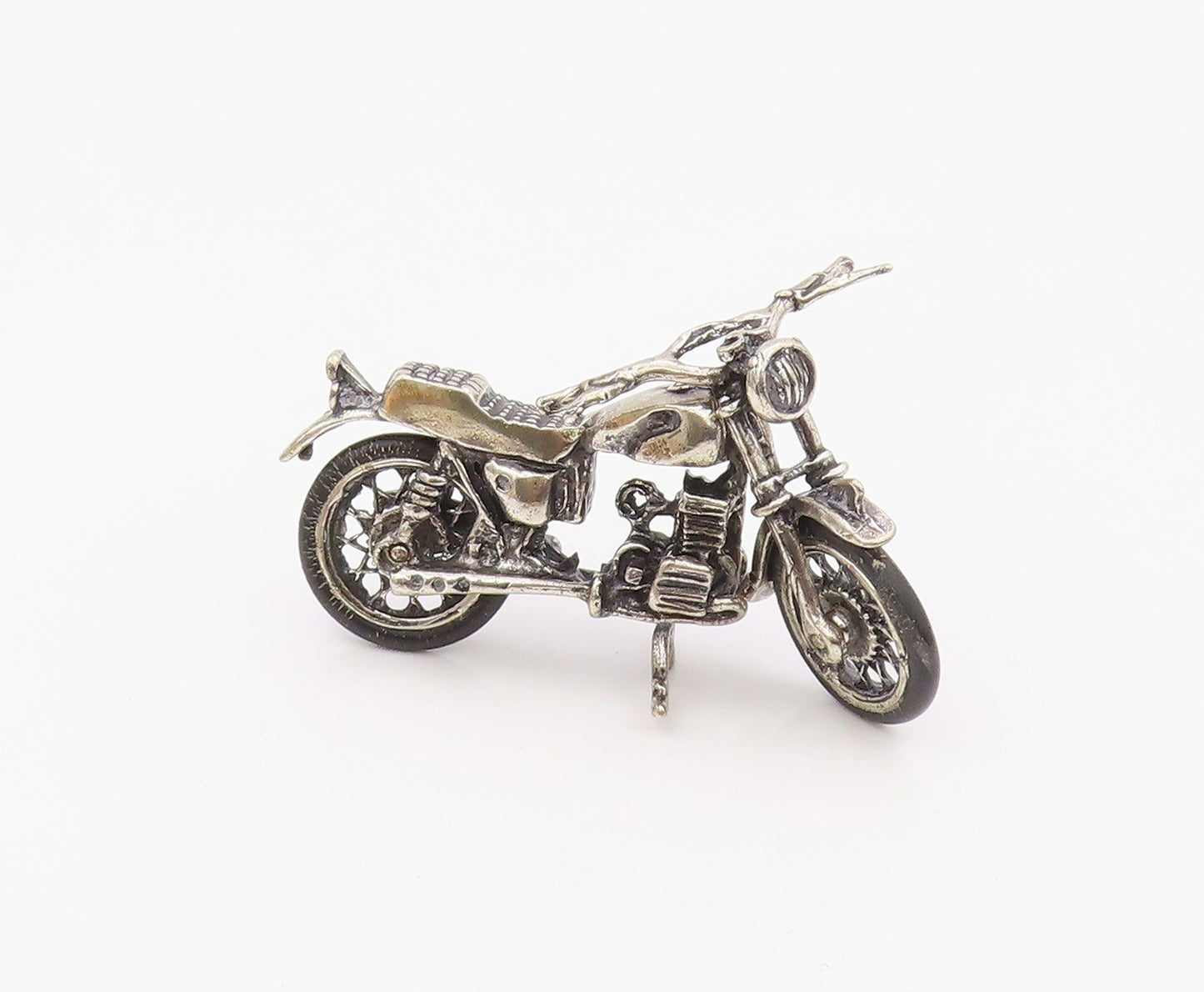 925 Sterling Silver  Vintage Dark Tone Rubber Wheel Motorcycle Trinket  TR2748