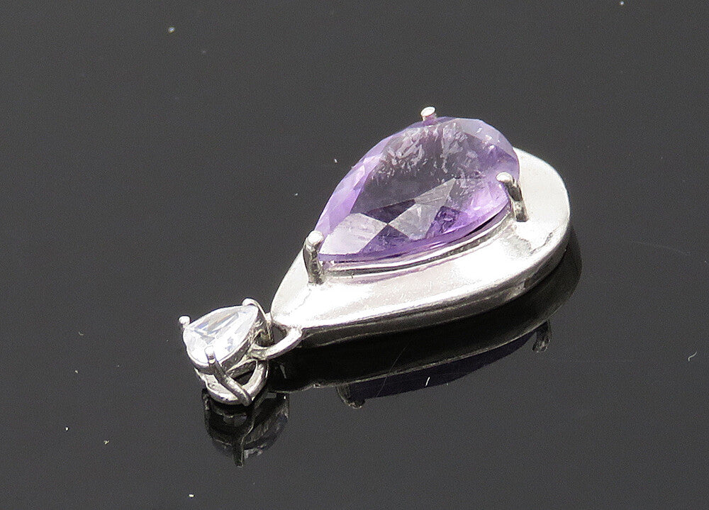 925 Sterling Silver  Vintage Prong Set Amethyst Tear Drop Pendant  PT16096