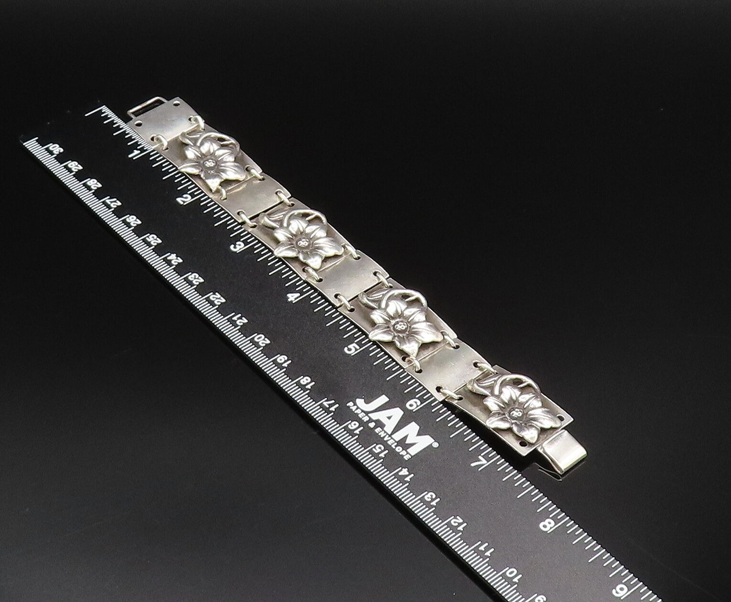 MAX RIEG 925 Silver  Vintage Rectangle Frame 3D Flowers Link Bracelet  BT9637