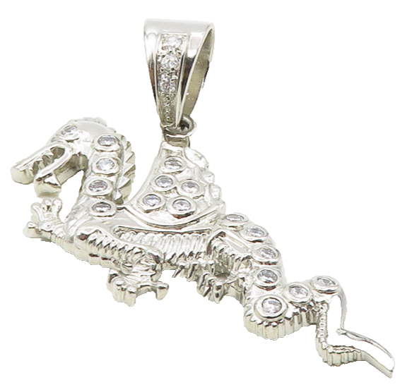 925 Sterling Silver  White Topaz Shiny Flying Dragon Motif Pendant  PT7821