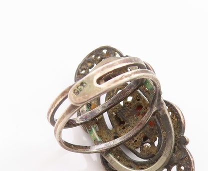 925 Sterling Silver Vintage Ring Dark Tone Swirls Cutout Gemstone Sz 6  RG32838