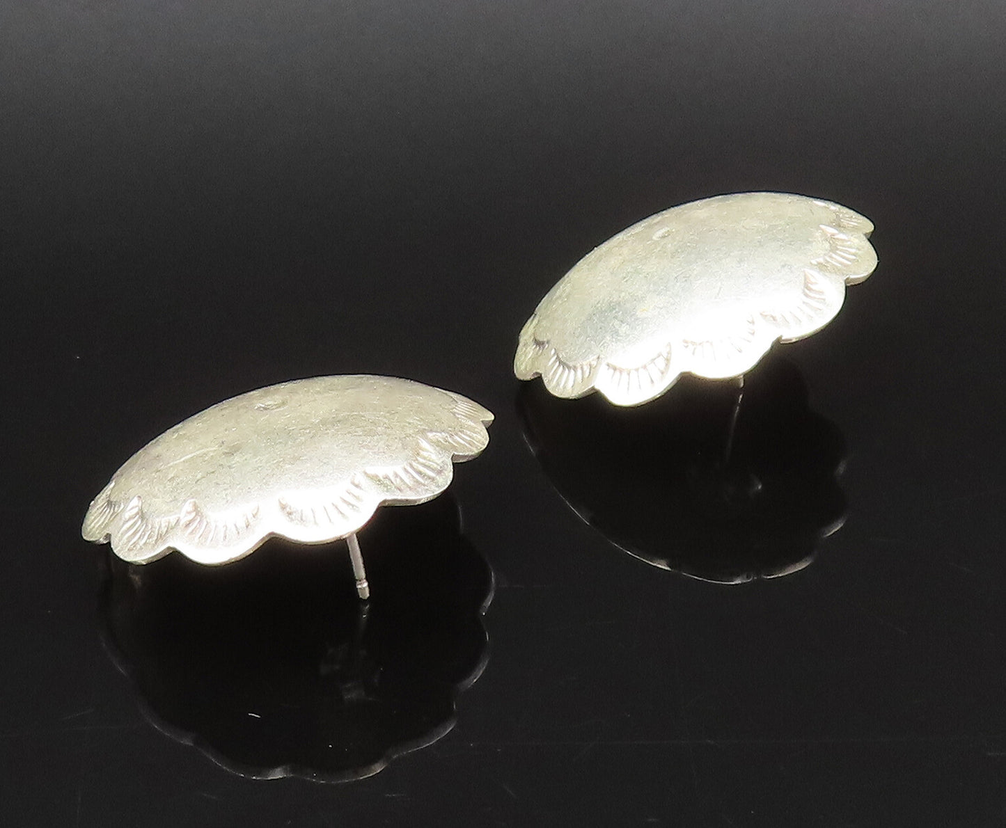 925 Sterling Silver  Vintage Etched Lines Border Dome Earrings  EG12260