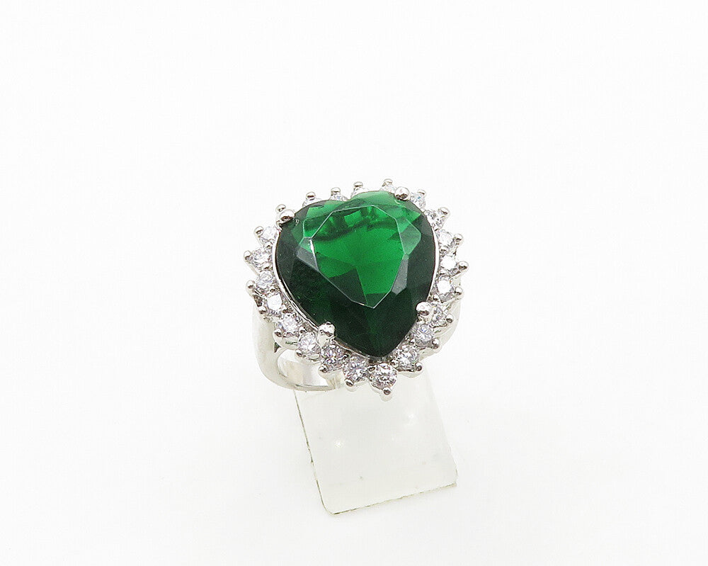 925 Silver  Green Topaz & Cubic Zirconia Heart Cocktail Ring Sz 9  RG19452