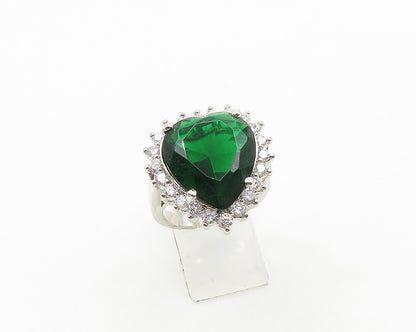925 Silver  Green Topaz & Cubic Zirconia Heart Cocktail Ring Sz 9  RG19452