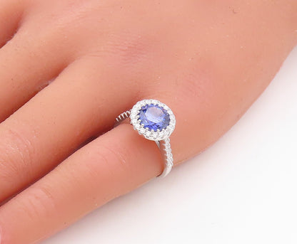 925 Sterling Silver Vintage Ring Round Cut Sapphire Halo CZ  Sz 6  RG30617
