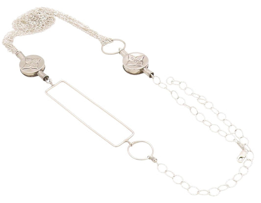 925 Sterling Silver Vintage Necklace Modernist  Floral & Rectangle Cutout NE4580