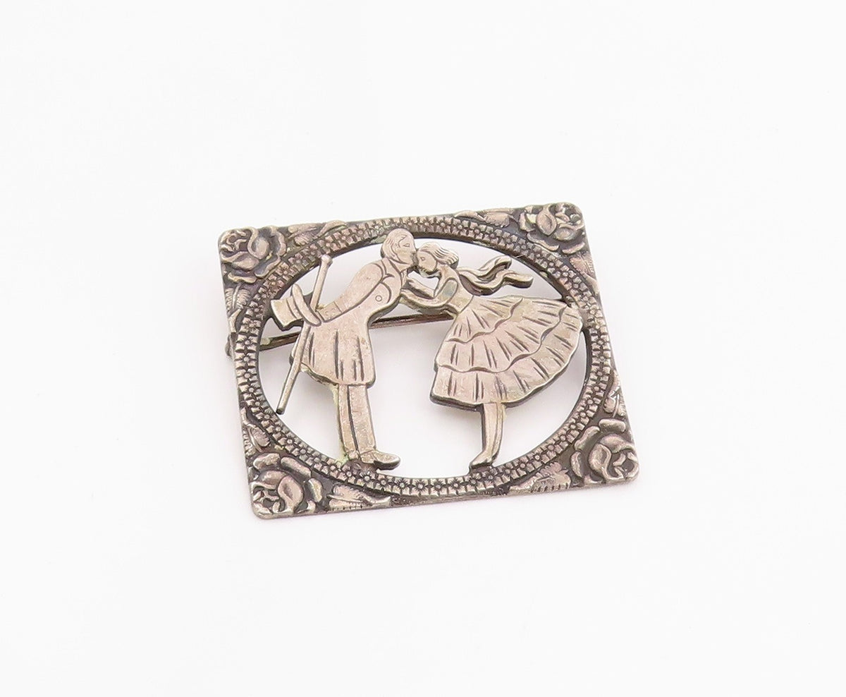 925 Sterling Silver Vintage Brooch Pin Floral Framed Kissing Couple  BP12458