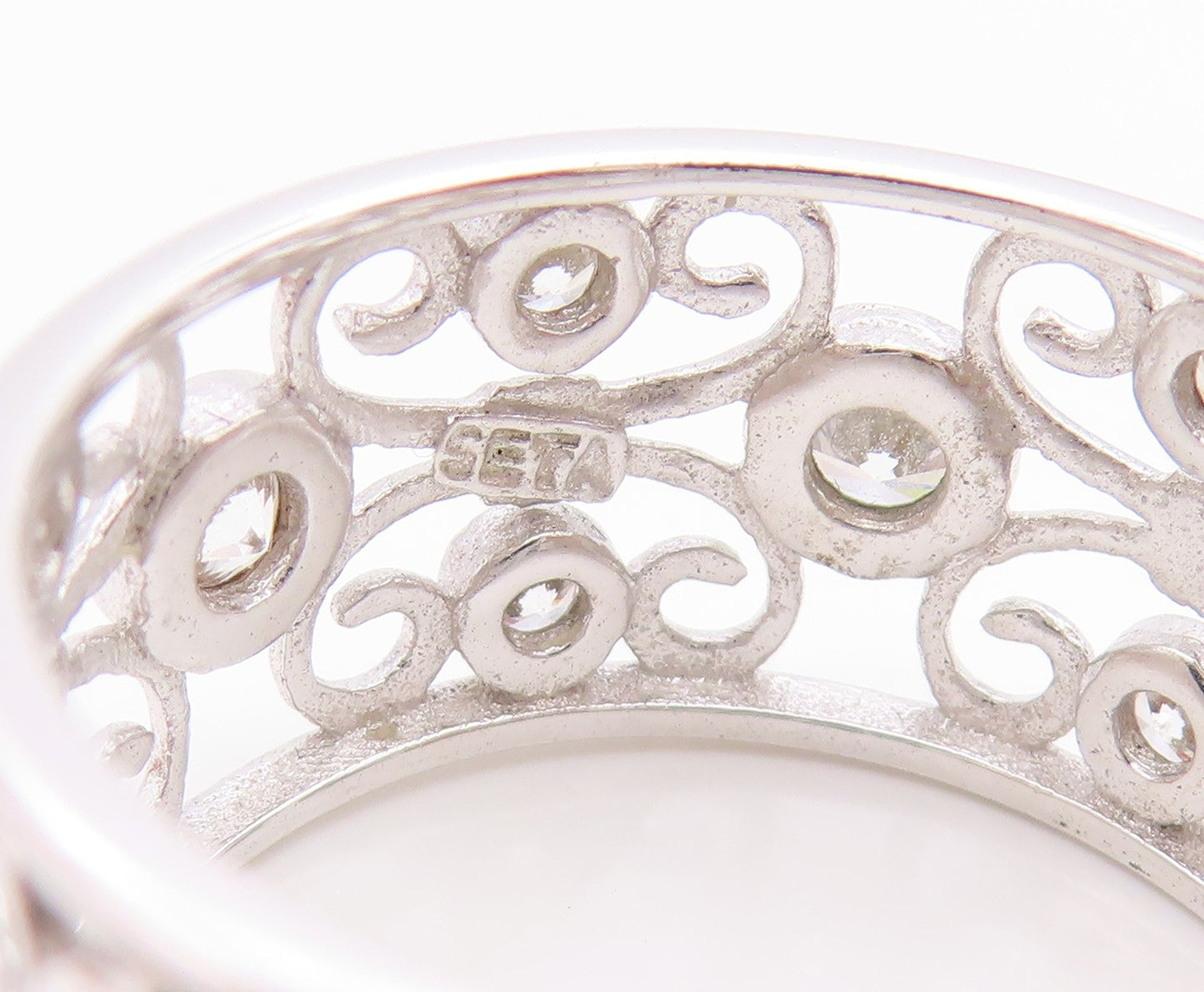 925 Sterling Silver Vintage Ring CZ Intricate Openwork Wide Band  Sz 9  RG35003