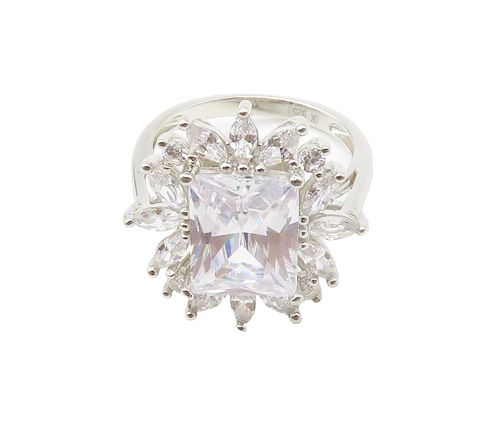 925 Sterling Silver  Shiny Cubic Zirconia Floral Cocktail Ring Sz 6  RG15270