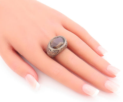 925 Sterling Silver Vintage Ring Beaded Carved Oval Smoky Quartz  Sz 8  RG29198
