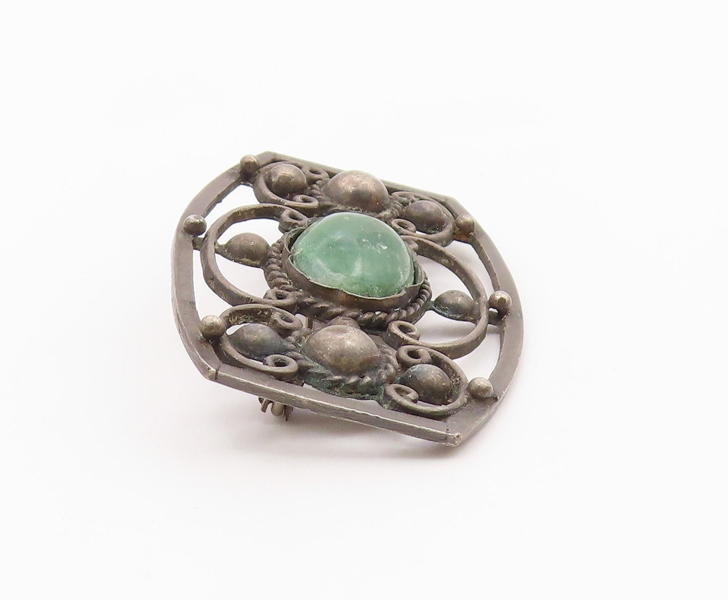 MEXICO 925 Sterling Silver Vintage Antique Real Jasper Swirl Brooch Pin  BP6301