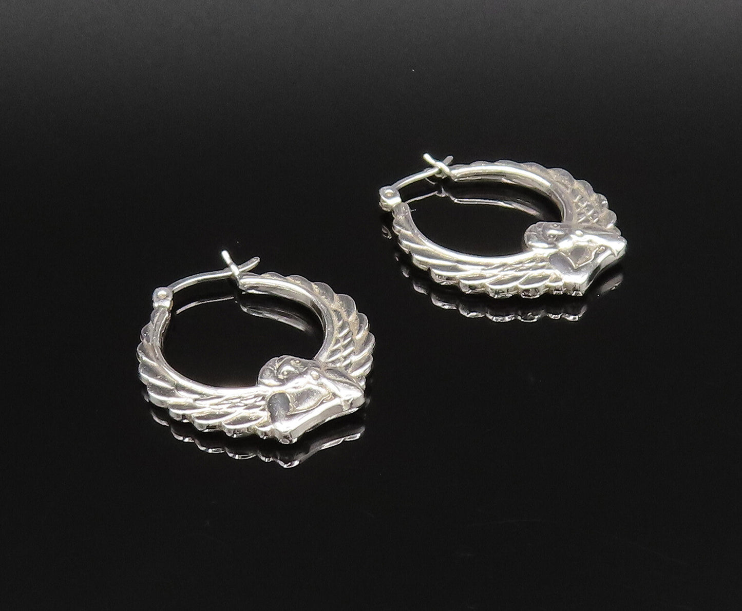 925 Silver  Vintage Polished Scalloped Angel Wings Hoop Earrings  EG12039