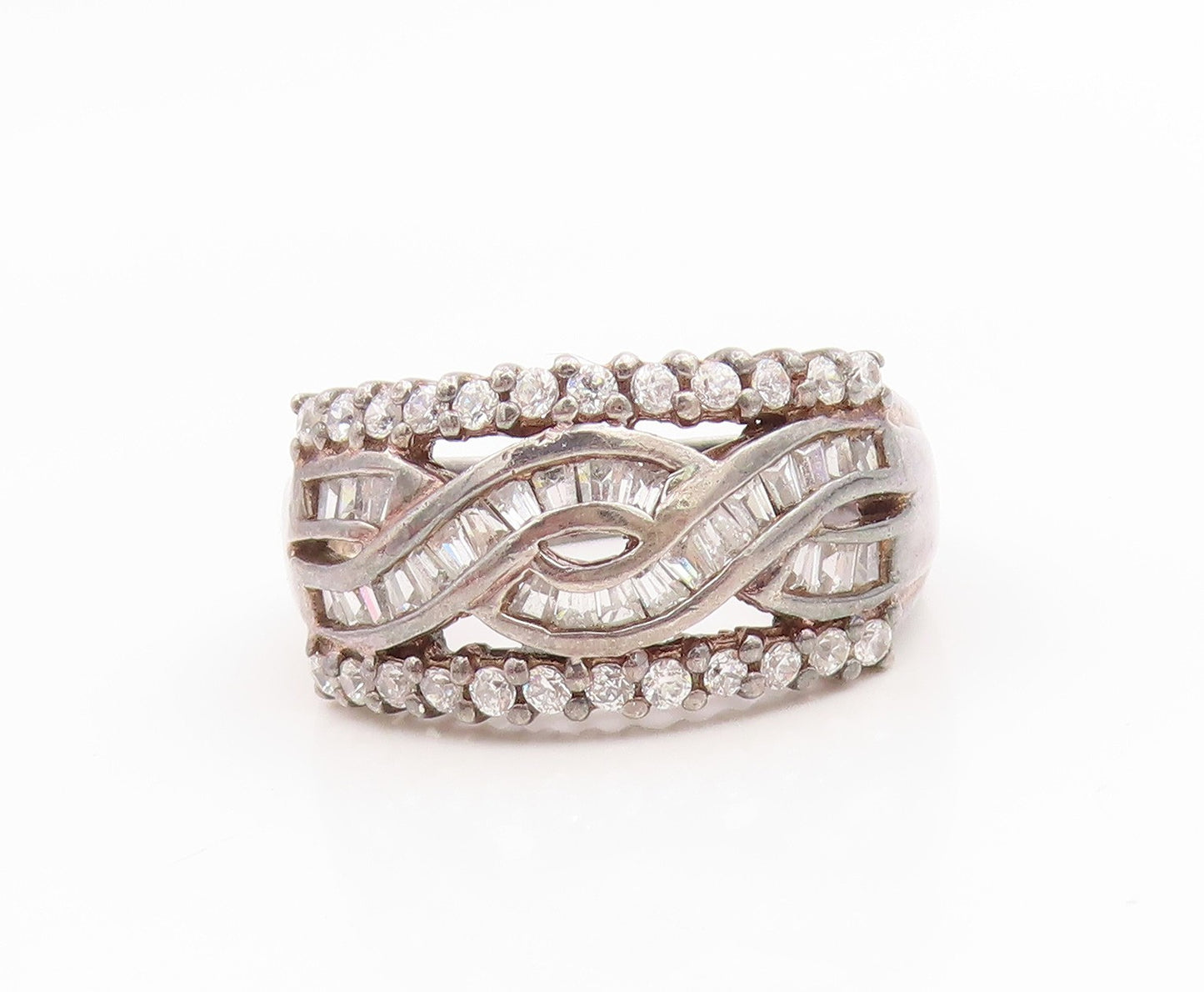 925 Sterling Silver Vintage Ring Round & Baguette Cut CZ Crossover Sz 10 RG35984