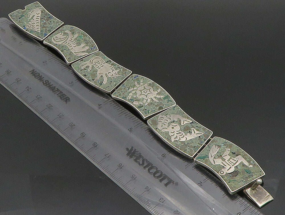 MEXICO 925 Silver  Vintage Etched Animal Green Turquoise Link Bracelet  BT9396