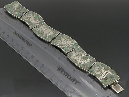 MEXICO 925 Silver  Vintage Etched Animal Green Turquoise Link Bracelet  BT9396