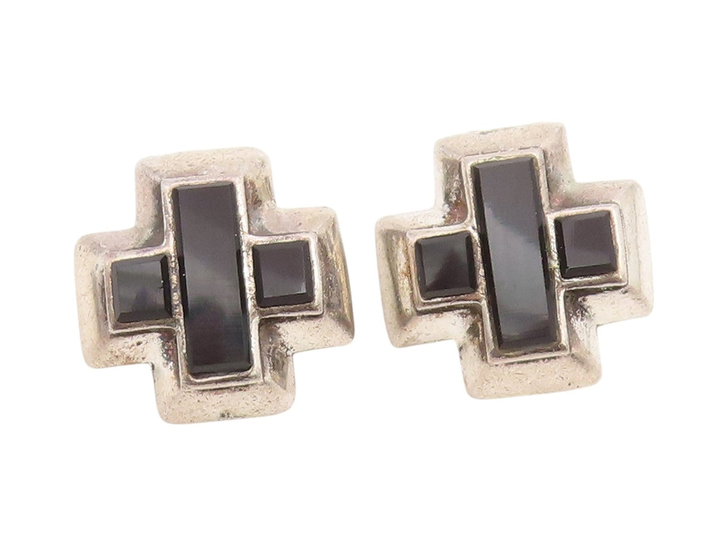 925 Sterling Silver Vintage Earrings Onyx Inlay Plus Sign Clip Back  EG13542