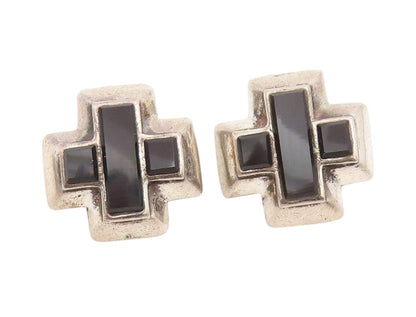 925 Sterling Silver Vintage Earrings Onyx Inlay Plus Sign Clip Back  EG13542