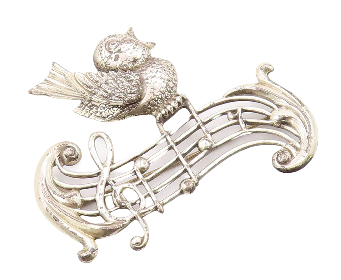 925 Sterling Silver Vintage Brooch Pin LANG Chirping Bird Musical Note  BP11255