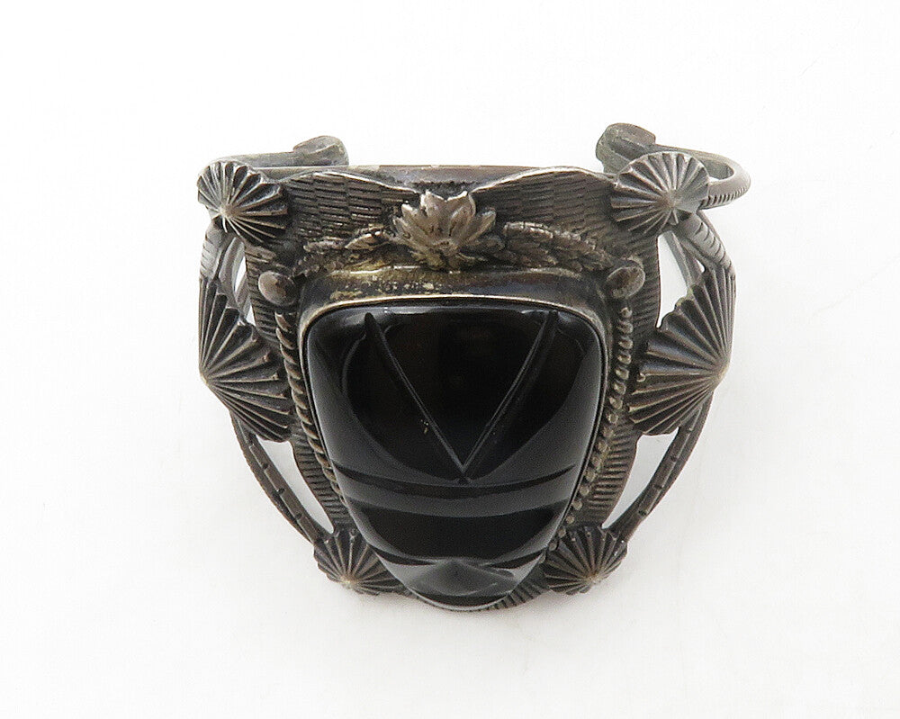 NAVAJO 925 Silver  Vintage Face Carved Black Onyx Floral Cuff Bracelet  BT5030