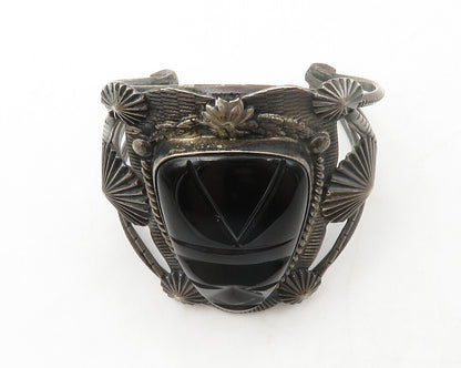 NAVAJO 925 Silver  Vintage Face Carved Black Onyx Floral Cuff Bracelet  BT5030