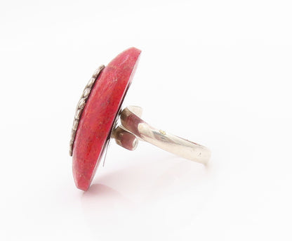 925 Sterling Silver Vintage Ring Oval Gemstone Swirly Flower Design Sz 8 RG33192