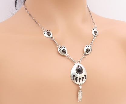 925 Sterling Silver Vintage Necklace NAVAJO Black Onyx Feather Drop Chain NE4908