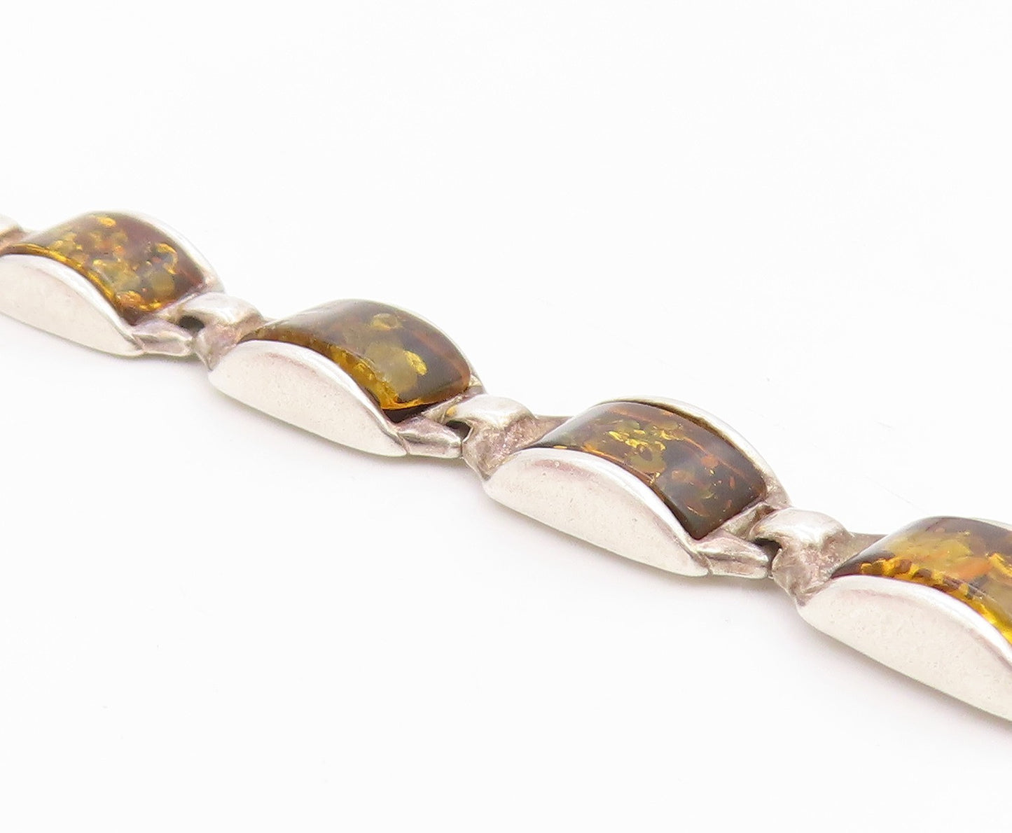 925 Sterling Silver Vintage Bracelet Chunky Baltic Amber Geometric Link  BT12084