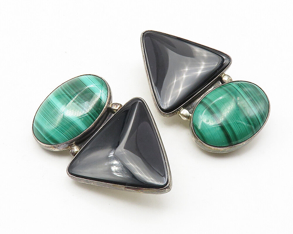 NAVAJO 925 Silver  Vintage Malachite & Black Onyx Non Pierce Earrings  EG5855