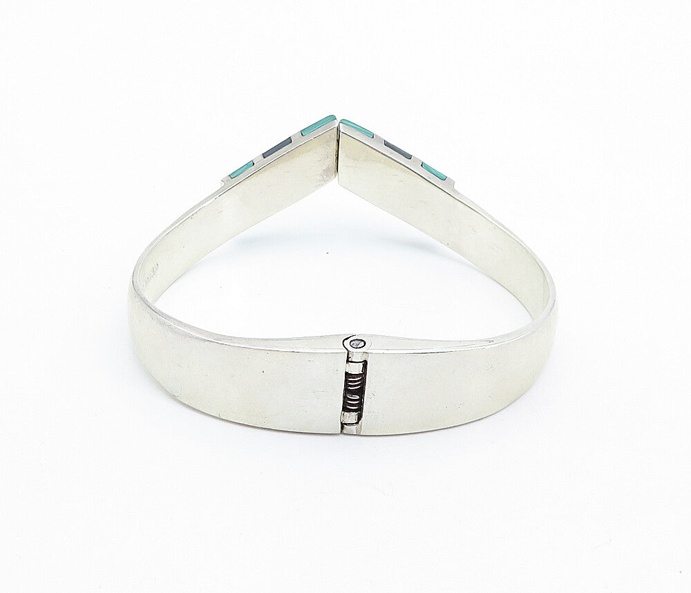 MEXICO 925 Silver  Vintage Black Onyx & Malachite Bangle Bracelet  BT2521