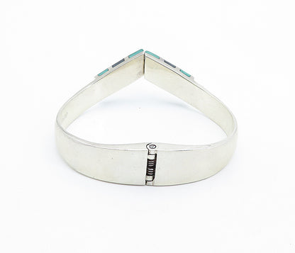 MEXICO 925 Silver  Vintage Black Onyx & Malachite Bangle Bracelet  BT2521