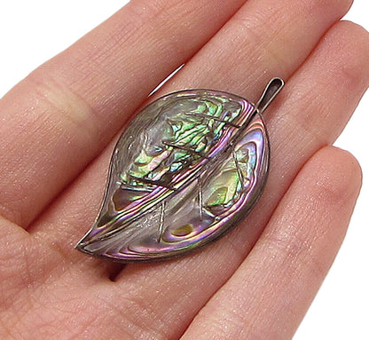 MEXICO 925 Silver  Vintage Mother Of Pearl Floral Leaf Brooch Pin  BP1035