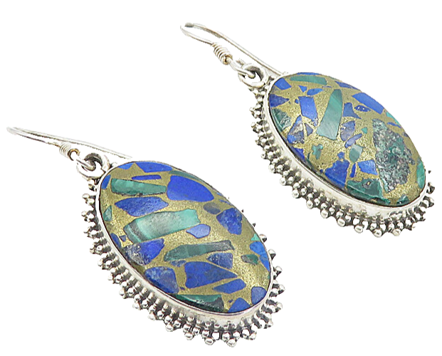 925 Sterling Silver Vintage Malachite Lapis Lazuli & Jasper  Earrings  EG3302