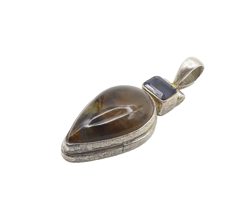 925 Sterling Silver  Vintage Tear Drop Agate & Tanzanite Pendant  PT14682