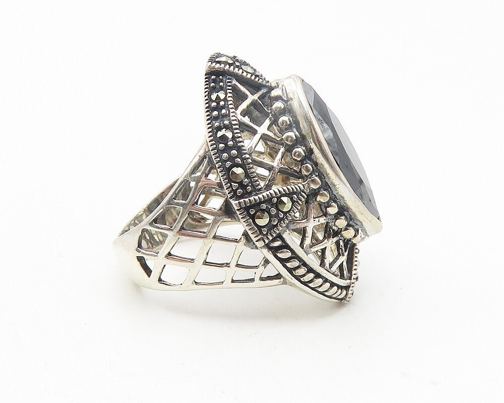 925 Sterling Silver  Marquise Hematite & Marcasite Cocktail Ring Sz 6  RG11363