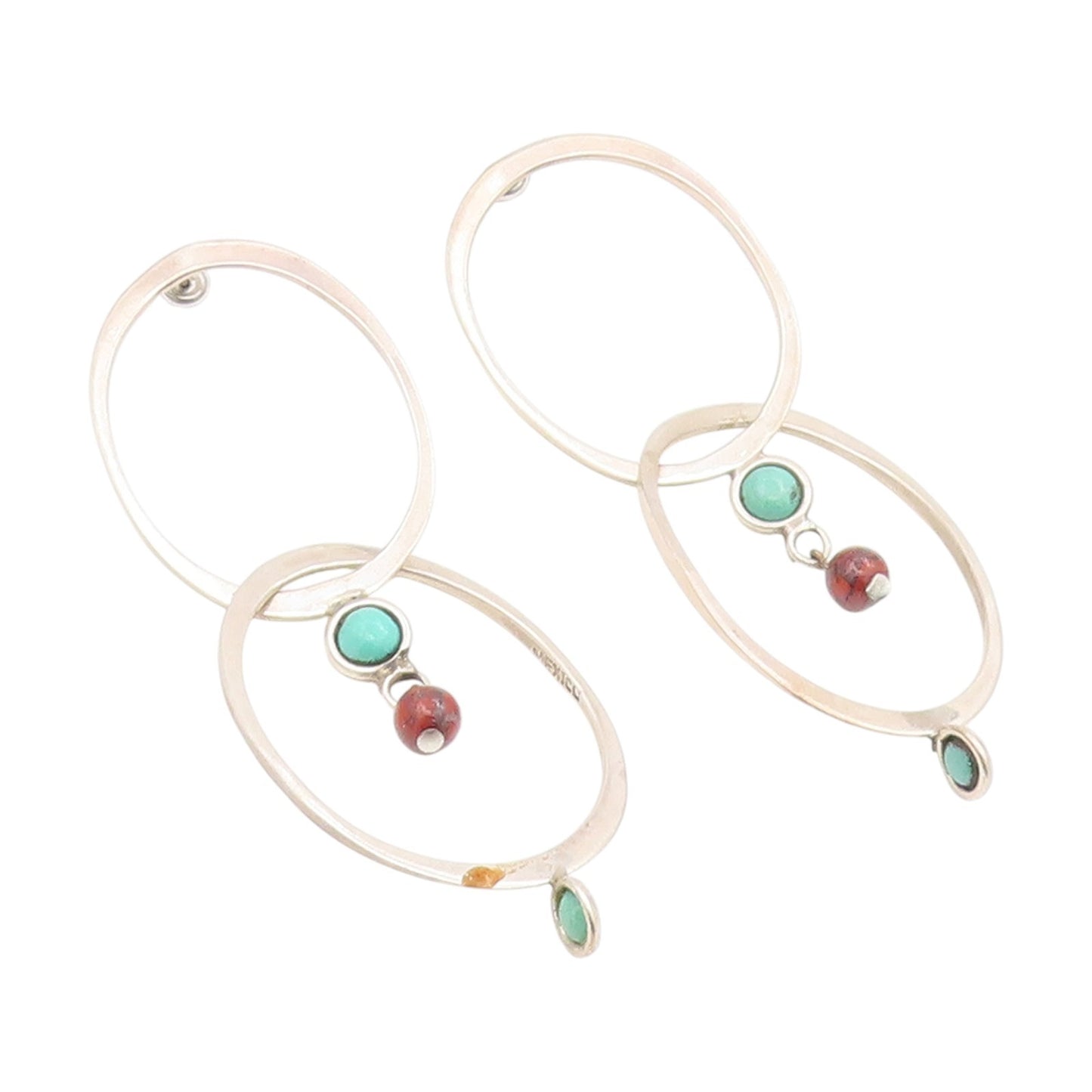 925 Sterling Silver Vintage Earrings Turquoise & Red Bead Abstract Hoop  EG13879