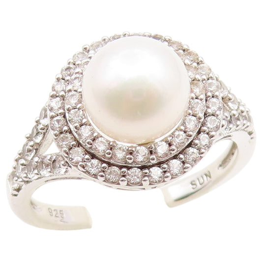 925 Sterling Silver Vintage Ring Pearl & Halo CZ Statement Band  Sz 7  RG36917